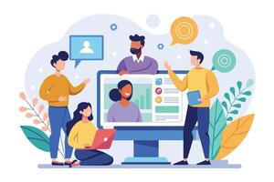 A diverse group of people are gathered around a computer screen, participating in a virtual meeting. The team is discussing a project and sharing ideas. vector