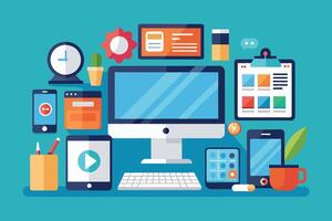 A colorful, flat design illustration depicting a modern workplace with a desktop computer, tablet, smartphones, and various office supplies. vector