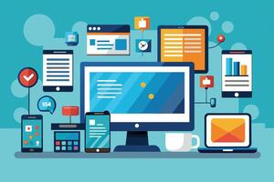 Illustration of a desktop computer with a network of interconnected devices, including smartphones, tablets, and a laptop. This visual represents the interconnectedness of modern technology. vector