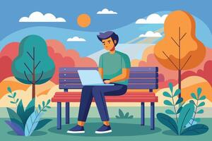A man sits on a park bench in the middle of a fall day. He is working on a laptop computer. vector