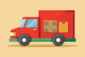 A red delivery truck with two boxes in the back. The truck is on a beige background. vector