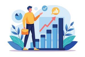 A businessman stands before a bar graph, presenting data with an upward trend arrow. The graph shows increasing numbers. vector
