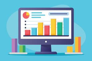 A computer screen displays a colorful bar graph and pie chart, indicating analytics or data analysis. vector