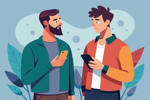 Illustration of two men using their smartphones while talking to each other. One man has a beard and is wearing a green jacket. The other man is wearing a red jacket. vector