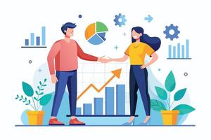 Two business partners shake hands in front of a bar graph with an upward trend arrow, representing growth and success. vector
