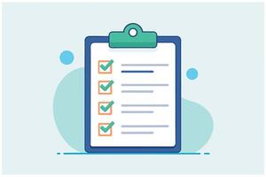 Illustration of a clipboard with a checklist, featuring four green checkmarks in a row, indicating tasks completed. vector