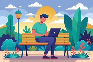 A man sits on a wooden park bench, working on his laptop, while enjoying the sunny afternoon. vector