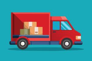 A red delivery truck with boxes in the back is shown on a blue background. The truck is cartoonish in style with minimal detail. vector