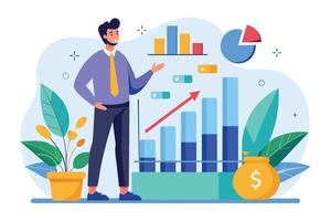 A businessman stands in front of a bar chart and pie chart, showing successful financial growth with an upward trend arrow. vector