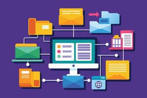 A colorful illustration of a digital communication network with a desktop computer, email folders, and other symbols connected by lines. vector