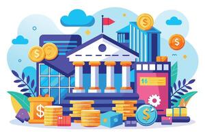 A vibrant illustration depicting a bank building surrounded by stacks of gold coins, business buildings, and other financial objects. vector