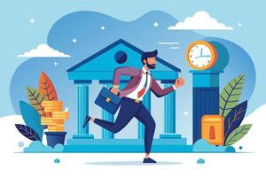 A businessman in a suit runs past a bank building, briefcase in hand, while a clock tower ticks behind him. vector
