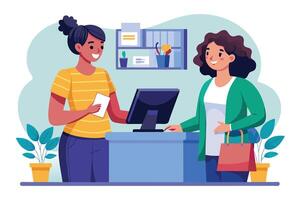 A woman stands at a retail counter, paying for her purchases with a receipt. A cashier is processing the transaction on a computer. vector