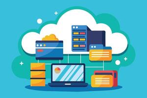 Illustration depicting a cloud computing network with a laptop, server, and data files connected to the cloud. vector