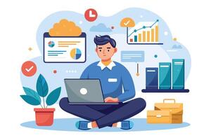A man sits cross-legged on the floor with a laptop in his lap, working in a home office. Hes surrounded by charts, graphs, and other data. vector