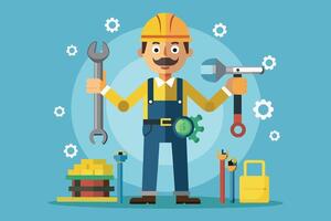 A cartoon illustration of a construction worker holding a wrench in each hand, standing in front of a toolbox and other construction tools. vector
