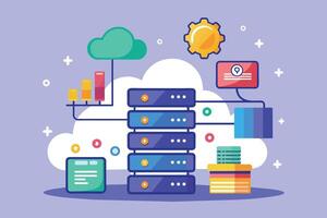 Illustration of a cloud computing network with multiple servers, data storage, analytics, and other connected components. vector