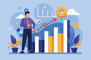 An illustration depicting a businessman standing in front of a bar graph, analyzing growth with cogwheels and an upward arrow. vector