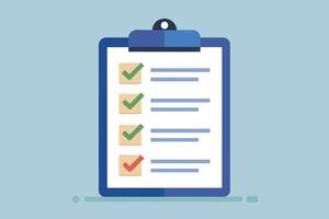 A checklist on a blue clipboard with three green checkmarks and one red checkmark. vector