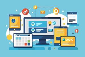 A flat design illustration depicting a network of connected devices, including a desktop computer, tablet, and smartphone. vector
