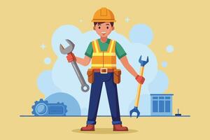 Illustration of a construction worker holding a wrench in each hand, standing in front of a building with a gear in the background. vector