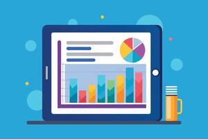 An illustration of a tablet displaying a bar chart and pie chart, set against a blue background with stylized circles. vector