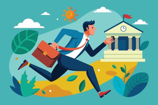 An illustration of a businessman running towards a building on a sunny day with a briefcase in his hand. vector