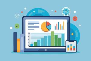 A computer screen with charts and graphs representing business data, including a pie chart, bar graph, and line graph, illustrating a clear visualization of growth and performance. vector