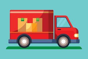 A cartoon style red delivery truck with cardboard boxes loaded in the back. The truck is on a green lawn in front of a light blue background. vector