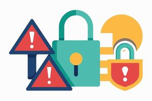 An illustration of three colorful padlocks with red warning signs on a white background. vector