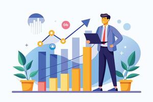 A businessman stands in front of a bar graph showing upward growth trends, holding a laptop and looking at the data. He is confident and positive about the future of his business. vector