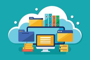 A flat design illustration depicting a desktop computer with multiple open folders and files, representing data storage and access within a cloud computing environment. vector
