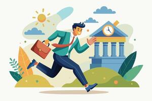 A businessman runs with a briefcase towards a bank building. The clock tower on the bank is showing the time. vector