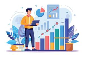 An illustration of a businessman reviewing business growth charts and data on a tablet. He is surrounded by charts and graphs depicting positive financial trends. vector