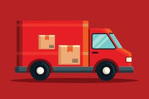A cartoon red delivery truck with two packages in the back is shown on a red background. vector