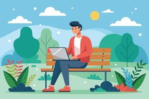 A man sits on a bench in a park, working on his laptop. The sun shines brightly overhead, and the trees and grass are green. vector