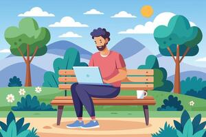 A man sits on a wooden bench in a sunny park, working on a laptop. He is surrounded by green grass, trees, and mountains in the distance. vector