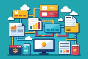 An illustration of various digital devices, including a computer, smartphone, and tablets, connected by data transfer lines. vector