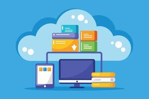 A colorful illustration depicts the concept of cloud computing with a cloud, devices, and data storage. vector