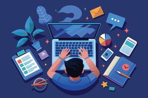 An illustration of a person working on their laptop, surrounded by various objects like a potted plant, a notepad, a book, a phone, and a few other items. vector