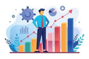 An illustration of a businessman standing in front of a bar graph chart that is growing upward, representing success and growth. vector
