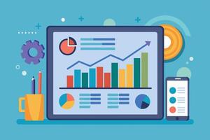 A colorful illustration featuring a laptop screen with a bar chart, pie chart, and line chart. The chart shows a clear upward trend, indicating positive growth. vector