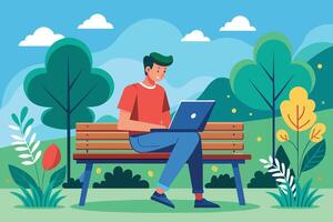 A cartoon man sits on a park bench and works on a laptop computer. The scene features trees, flowers, and a blue sky with white clouds. vector