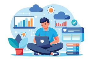 Illustration of a man working on a laptop with data analytics charts and cloud computing elements surrounding him, suggesting a focus on technology and growth. vector