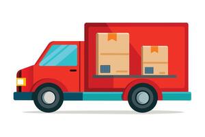 A cartoon image of a red delivery truck with two cardboard boxes loaded in the back. The truck is driving on a white background. vector