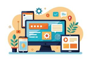 A flat design illustration depicting a desktop computer screen, tablet, and smartphone, all connected through a network of icons. The image represents modern connectivity and technology. vector