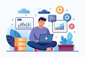 An illustration of a young man sitting cross-legged on a floor, working on a laptop, surrounded by data charts, server stacks, and cloud symbols. vector