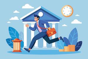 An illustration of a businessman running towards a bank building with a briefcase in hand. vector