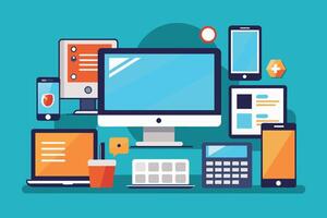 A cartoon illustration of a modern desktop workspace with a desktop computer, laptop, two smartphones, a calculator, and other accessories. vector