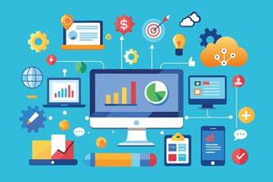 Illustration of a digital marketing strategy with connected devices and icons representing data, analytics, social media, content creation, and more. vector